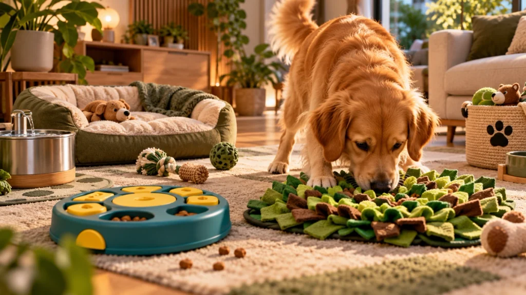 Enriquecimento ambiental para cachorro em apartamento com brinquedos e atividades mentais.