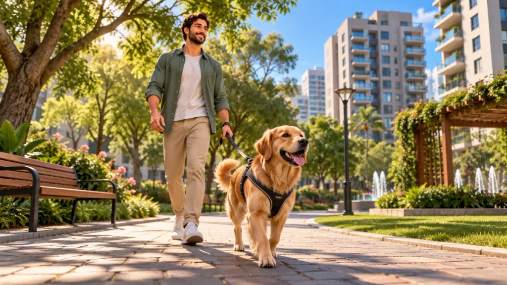 Passeios diários com cachorro que mora em apartamento para exercícios e socialização